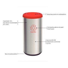 Lixeira Selecta Plus Vermelha Inox Acabamento Scotch Brite 40L Tramontina 94539222
