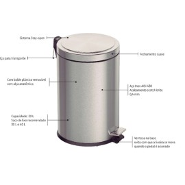 Lixeira com Pedal Brasil Plus em Aço Inox com Acabamento Acetinado e Balde Interno 20L Tramontina 94538520