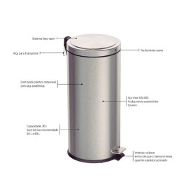 Lixeira com Pedal Brasil Plus em Aço Inox com Acabamento Acetinado e Balde Interno 30L Tramontina 94538530