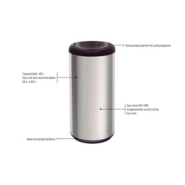Lixeira Piemonte Preto Inox Acabamento Acetinado Basculante 40L Tramontina 94539200