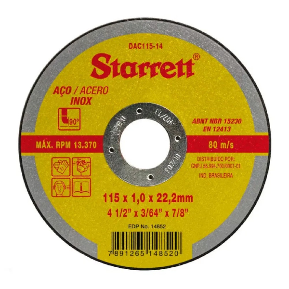 Disco de Corte para Aço Carbono e Inox 115x22,23mm Starrett Disco de Corte para Aço Carbono e Inox 115x22,23mm Starrett