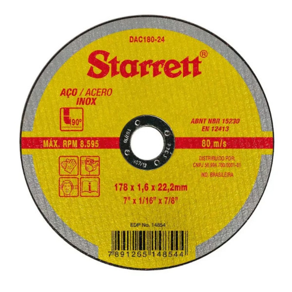 Disco de Corte para Aço Carbono e Inox 180x22,23mm Starrett Disco de Corte para Aço Carbono e Inox 180x22,23mm Starrett