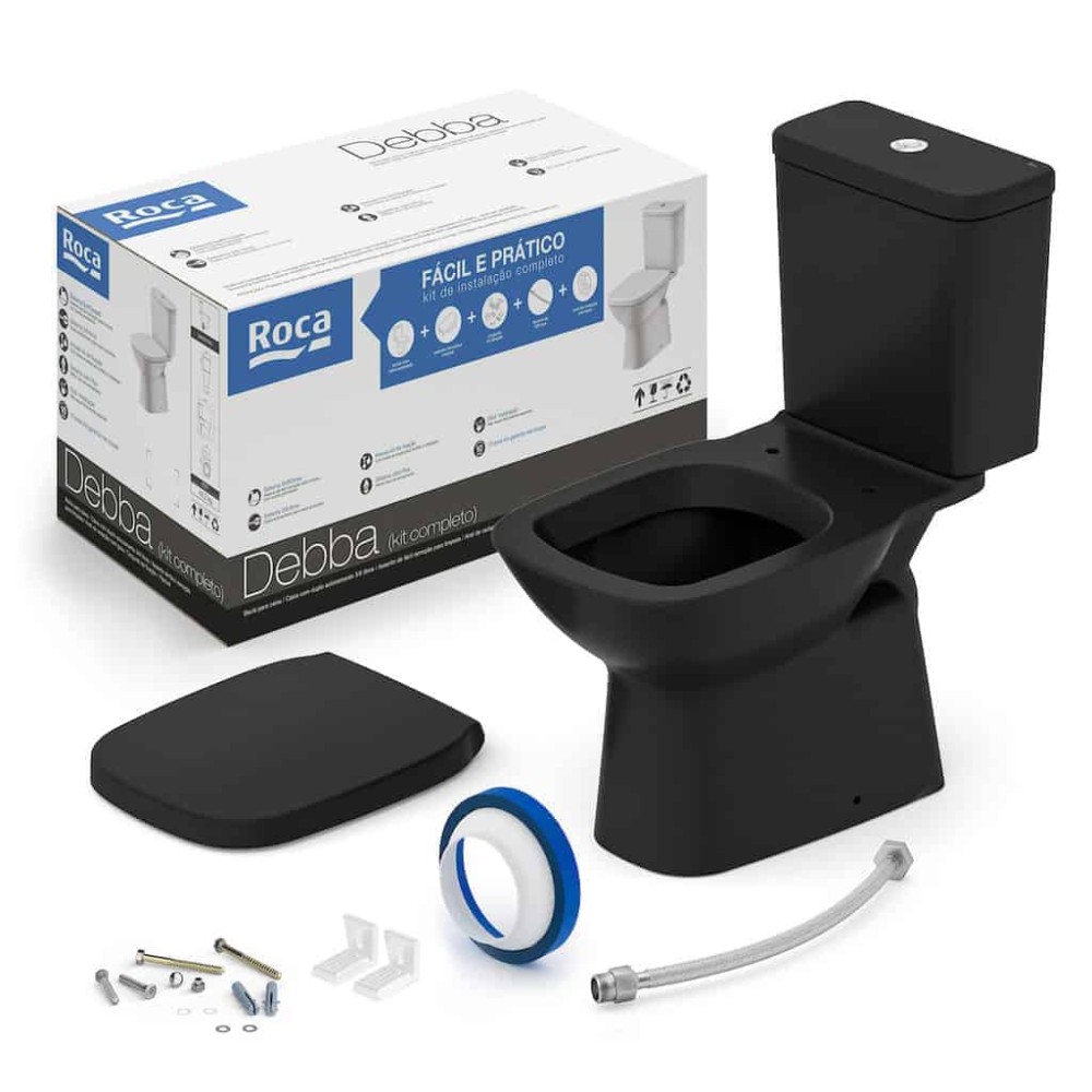 Kit Bacia Com Caixa acoplado Completo Assento Termofixo Fechamento Suave Debba Classic Black Matte C329723012